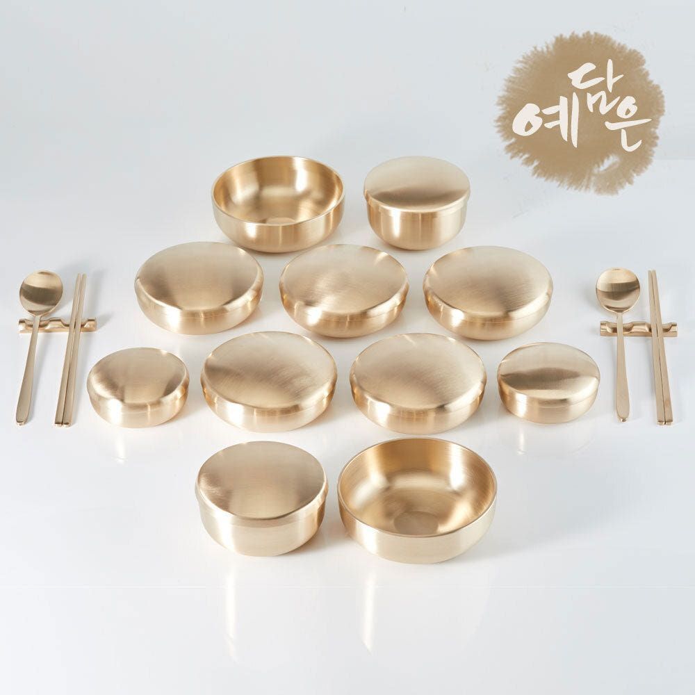 YEDAMUN Premium Bangjja Bronze Plum Seven-Dish Korean Tableware Set for Two – Handmade Traditional Yugi Brass | Korean Traditional Golden Cutlery Dinnerware _ Made in KOREA
